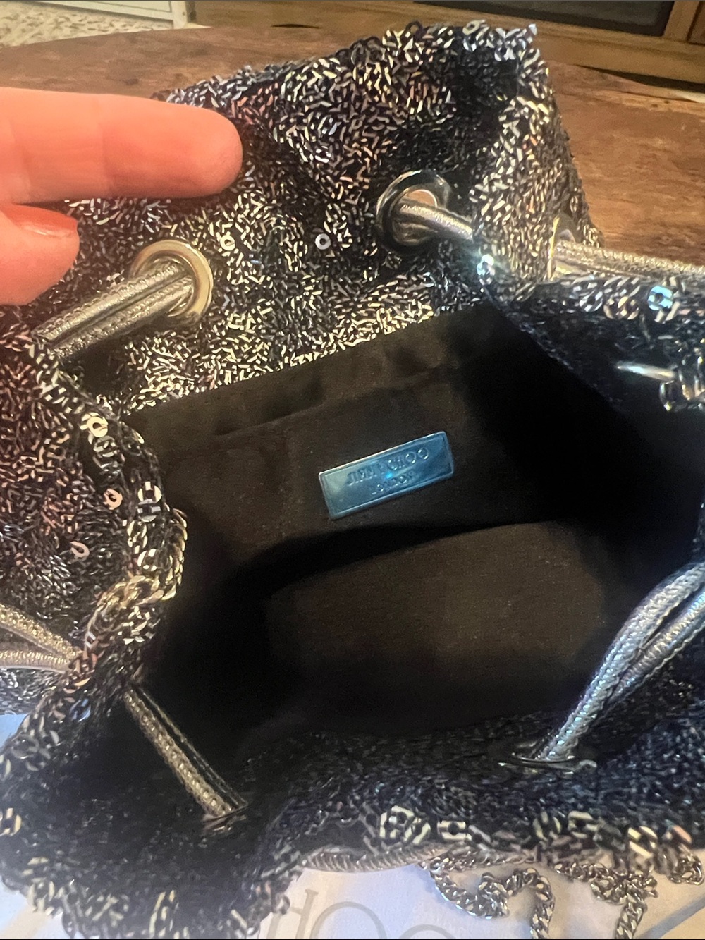 Jimmy Choo Silver/Graphite Sequin Drawstring Mini Bucket Bag - Picture 7 of 13